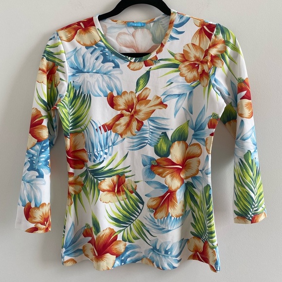 J. McLaughlin Catalina Cloth Tropical Print 3/4 Sleeve Top Size XS - Picture 1 of 7